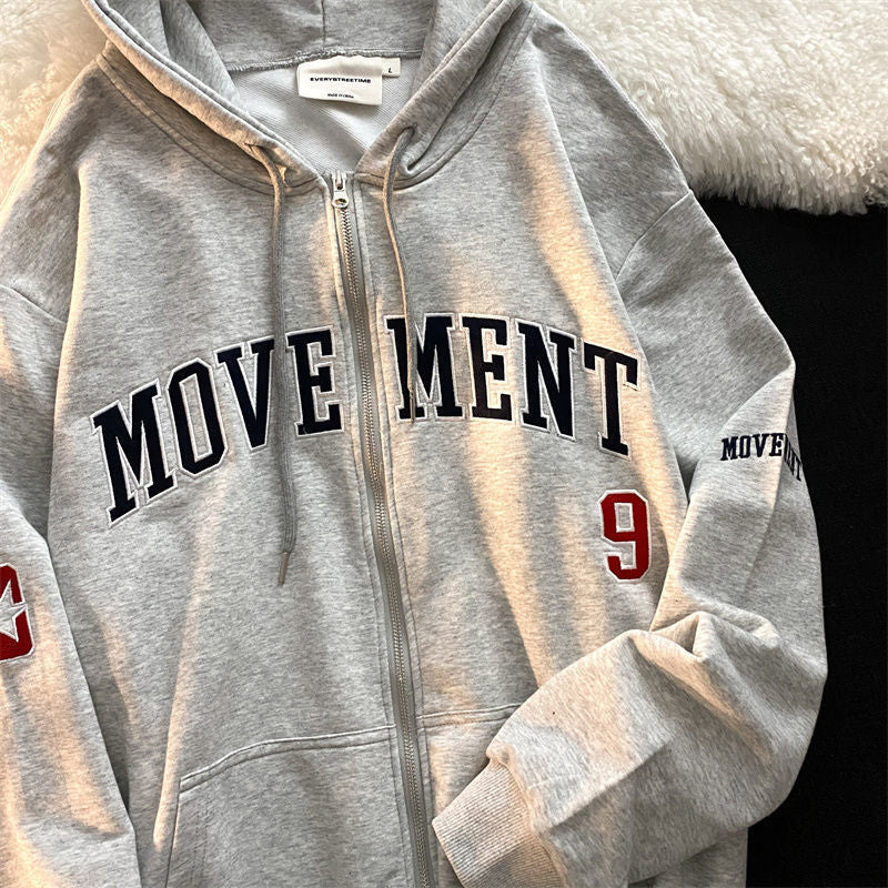 Letter Embroidery Vintage Loose Zipper Hoodies