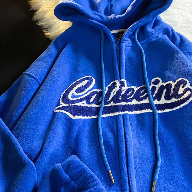 Letter Embroidery Vintage Loose Zipper Hoodies
