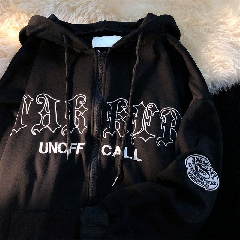 Letter Embroidery Vintage Loose Zipper Hoodies