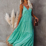 Sleeveless Spaghetti Strap Pleated V Neck Maxi Boho Dress