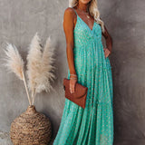 Sleeveless Spaghetti Strap Pleated V Neck Maxi Boho Dress