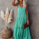 Sleeveless Spaghetti Strap Pleated V Neck Maxi Boho Dress