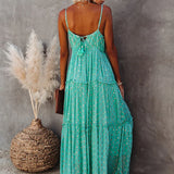 Sleeveless Spaghetti Strap Pleated V Neck Maxi Boho Dress