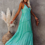 Sleeveless Spaghetti Strap Pleated V Neck Maxi Boho Dress