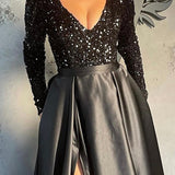 Lush Black Sequin Patchwork Maxi Prom Dress