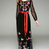 Long Lantern Sleeves Floral Embroidery Sash Belt Elegant Maxi Dress
