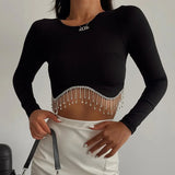 Rhinestone Tassel Slim Black Corset Top Spring Sexy O-neck Women's Long Sleeve T-shirt