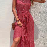 New Summer Women's Lace-Up Short Sleeve Print Boho Dress