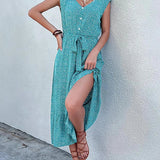 New Summer Women's Lace-Up Short Sleeve Print Boho Dress