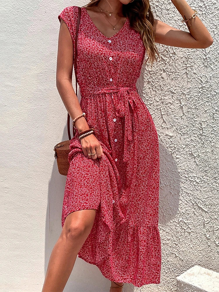 New Summer Women's Lace-Up Short Sleeve Print Boho Dress