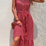 New Summer Women's Lace-Up Short Sleeve Print Boho Dress