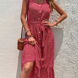 New Summer Women's Lace-Up Short Sleeve Print Boho Dress