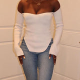 Momycharm Solid Off Shoulder Irregular Elegant Tops