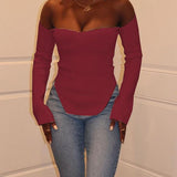 Momycharm Solid Off Shoulder Irregular Elegant Tops