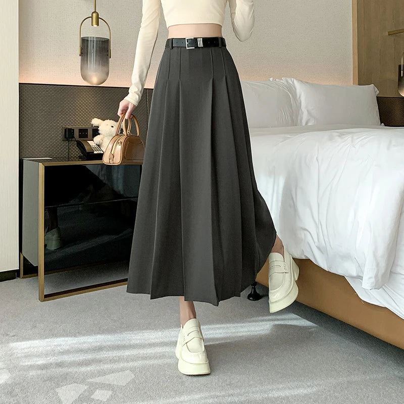 Midi Women 2025 Spring Summer High Waist A-line Pleated Korean Casual Long Suit Ladies Fashion Umbrella Skirt