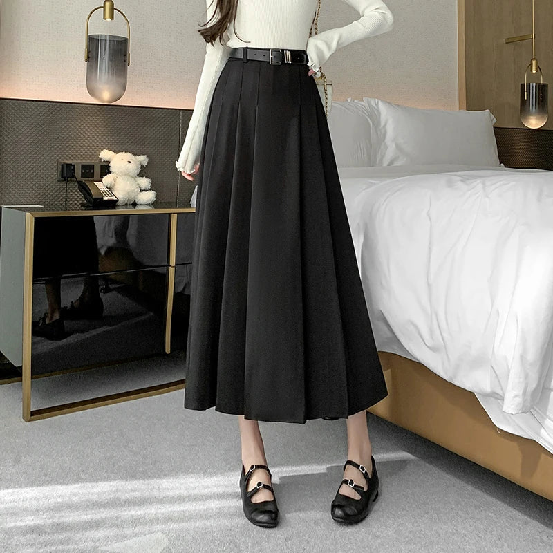Midi Women 2025 Spring Summer High Waist A-line Pleated Korean Casual Long Suit Ladies Fashion Umbrella Skirt