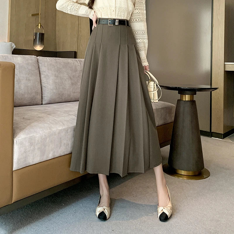 Midi Women 2025 Spring Summer High Waist A-line Pleated Korean Casual Long Suit Ladies Fashion Umbrella Skirt