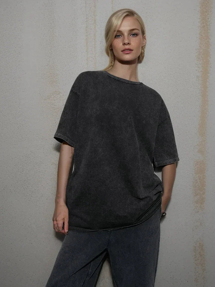 Loose Summer Old Casual Washed Minimalist Short Sleeve Cotton Women's T-shirt