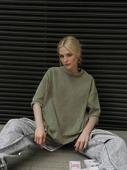 Loose Summer Old Casual Washed Minimalist Short Sleeve Cotton Women's T-shirt