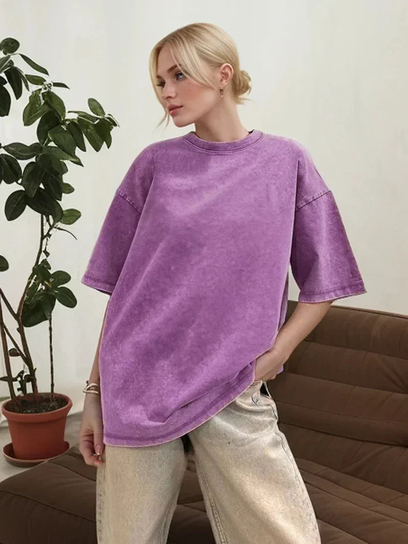 Loose Summer Old Casual Washed Minimalist Short Sleeve Cotton Women's T-shirt