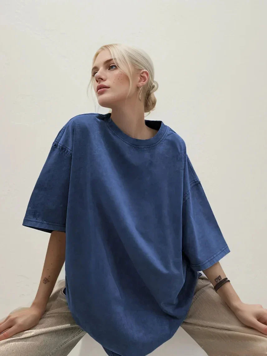 Loose Summer Old Casual Washed Minimalist Short Sleeve Cotton Women's T-shirt