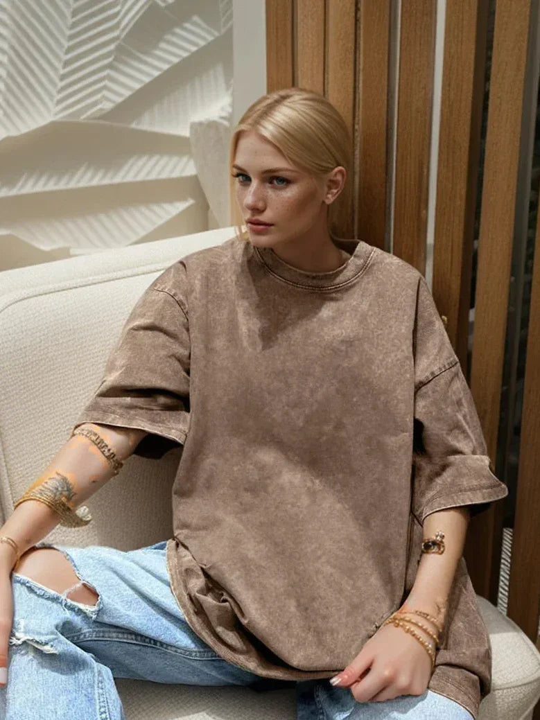 Loose Summer Old Casual Washed Minimalist Short Sleeve Cotton Women's T-shirt