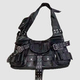 Luxury Designer Multiple Pockets Rivet Wide Strap Knot Shoulder Moto Bag
