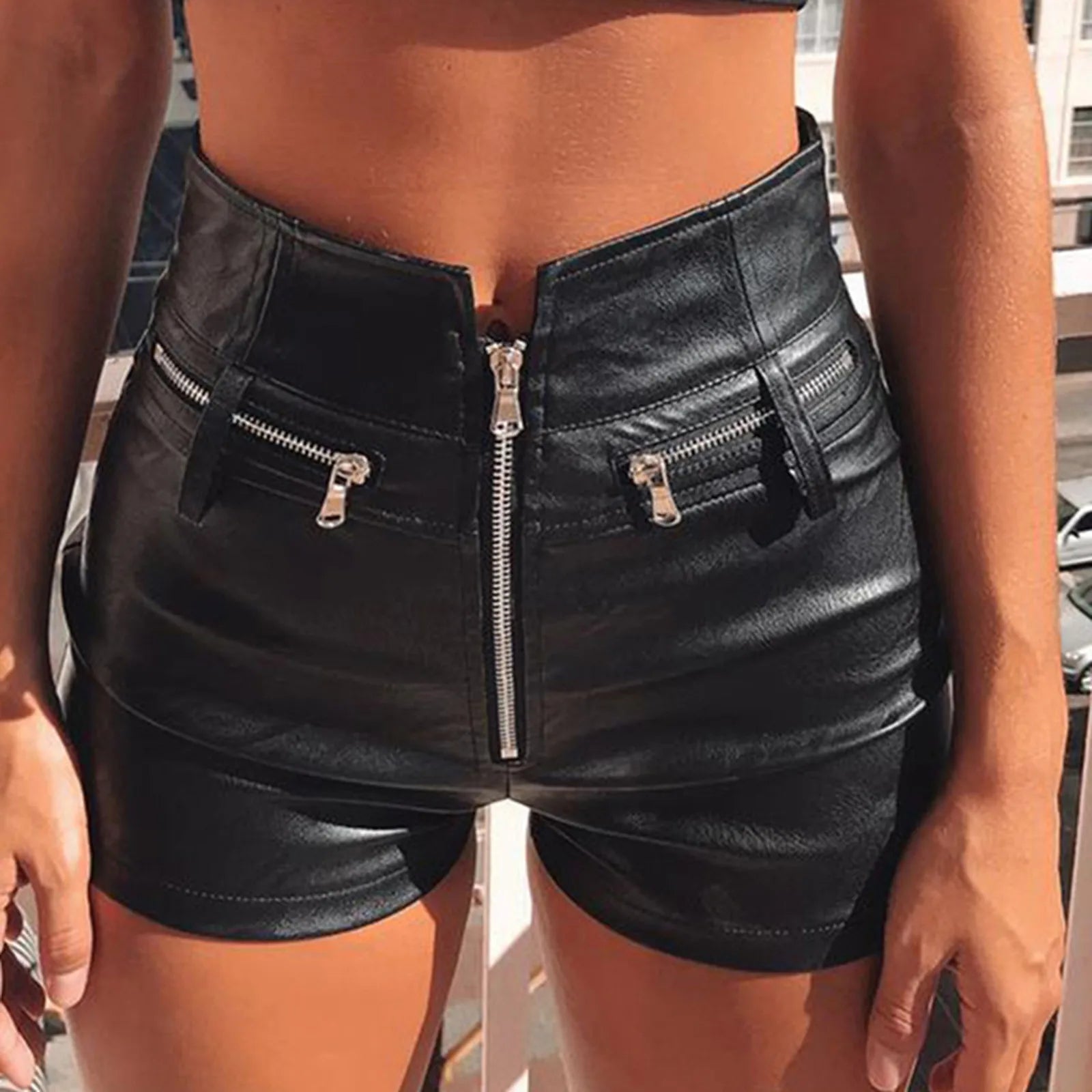 Motorcycle Coated Womens Casual Faux Leather High Waist Stretch Slim Hips pants slim fit trousers 2025 Short