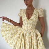 V Neck Lace-up Short Sleeve A-line Pleated Floral Dress