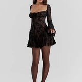 Square Collar A-line Pleated Club Party Floral Dress
