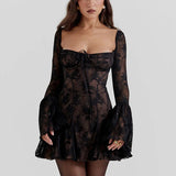 Square Collar A-line Pleated Club Party Floral Dress