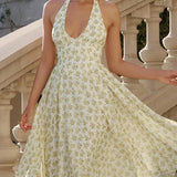 Halter Sleeveless A-line Pleated Club Party Floral Dress