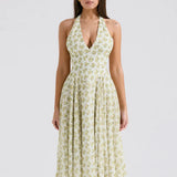 Halter Sleeveless A-line Pleated Club Party Floral Dress