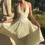 Halter Sleeveless A-line Pleated Club Party Floral Dress