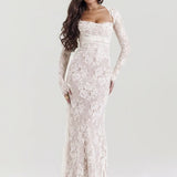 Lace Print Maxi Dress Set Spaghetti Strap Long Sleeve Lace Dress