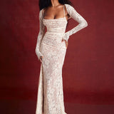 Lace Print Maxi Dress Set Spaghetti Strap Long Sleeve Lace Dress
