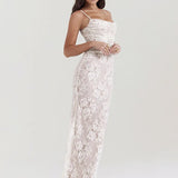 Lace Print Maxi Dress Set Spaghetti Strap Long Sleeve Lace Dress