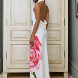 Print Long Halter Backless Sexy Maxi Floral Dress
