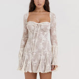 Autumn Winter Square Collar Backless Lace Mini Dress