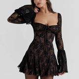 Autumn Winter Square Collar Backless Lace Mini Dress