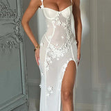 Sheer Mesh Sexy Maxi Dress White Spaghetti Strap Sleeveless Lace Dress