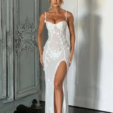 Sheer Mesh Sexy Maxi Dress White Spaghetti Strap Sleeveless Lace Dress