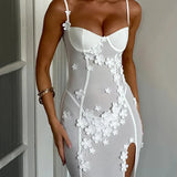 Sheer Mesh Sexy Maxi Dress White Spaghetti Strap Sleeveless Lace Dress