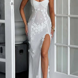Sheer Mesh Sexy Maxi Dress White Spaghetti Strap Sleeveless Lace Dress