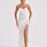 Sheer Mesh Sexy Maxi Dress White Spaghetti Strap Sleeveless Lace Dress