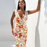 Floral Print Backless Maxi Dress Sleeveless Bodycon Floral Dress