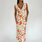 Floral Print Backless Maxi Dress Sleeveless Bodycon Floral Dress