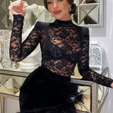 Lace Print See Through Half High Collar Mini Dress Lace Dress
