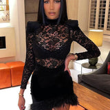 Lace Print See Through Half High Collar Mini Dress Lace Dress