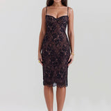 Lace Print Spaghetti Strap Bodycon Long Floral Dress